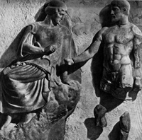 Афина и Геракл со стимфалийскими птицами (Метопа храма Зевса в Олимпии. 468-456 гг. до н.э. Олимпия, музей)