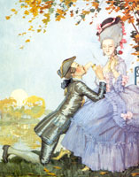 Молодой человек целует ручку в лиловой одежде, стоя перед ней на коленях (1916 г.)