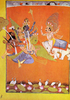 Кришна на священной птице Гаруде в схватке с Индрой. Иллюстрация к Бхагавате Пурана. Около 1780 г.