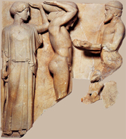 Геракл и Атлант. Метопа. Храм Зевса в Олимпии. 470-450 г до н.э. Олимпия, музей.jpg