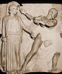 Геракл, очищающий Авгиевы конюшни (Метопа храма Зевса в Олимпии)